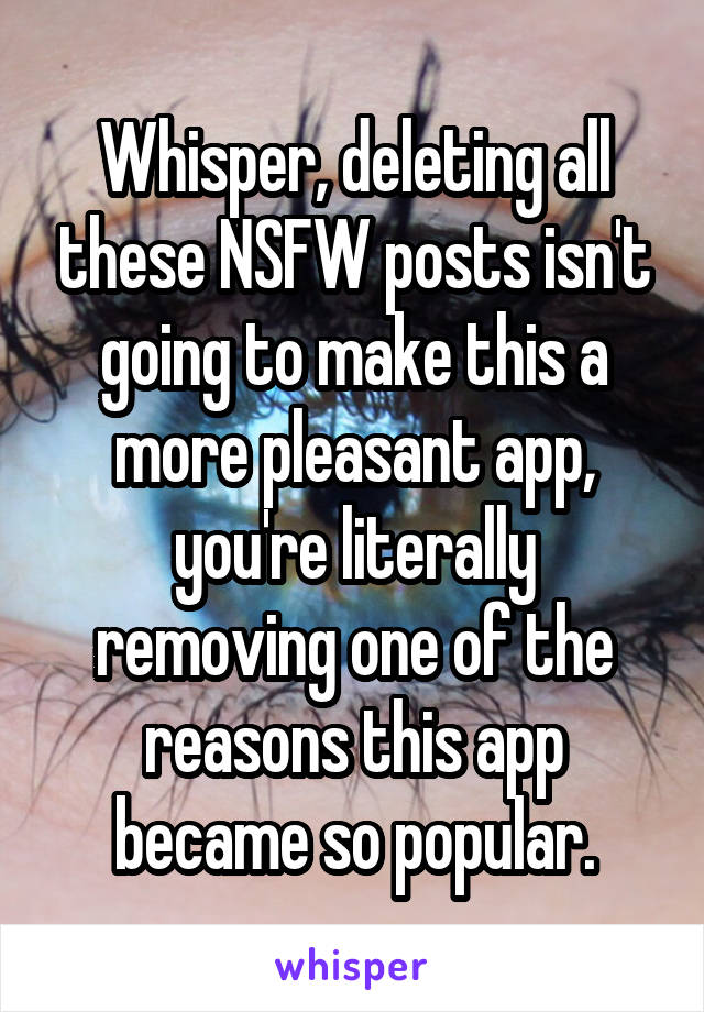 Whisper, deleting all these NSFW posts isn't going to make this a more pleasant app, you're literally removing one of the reasons this app became so popular.