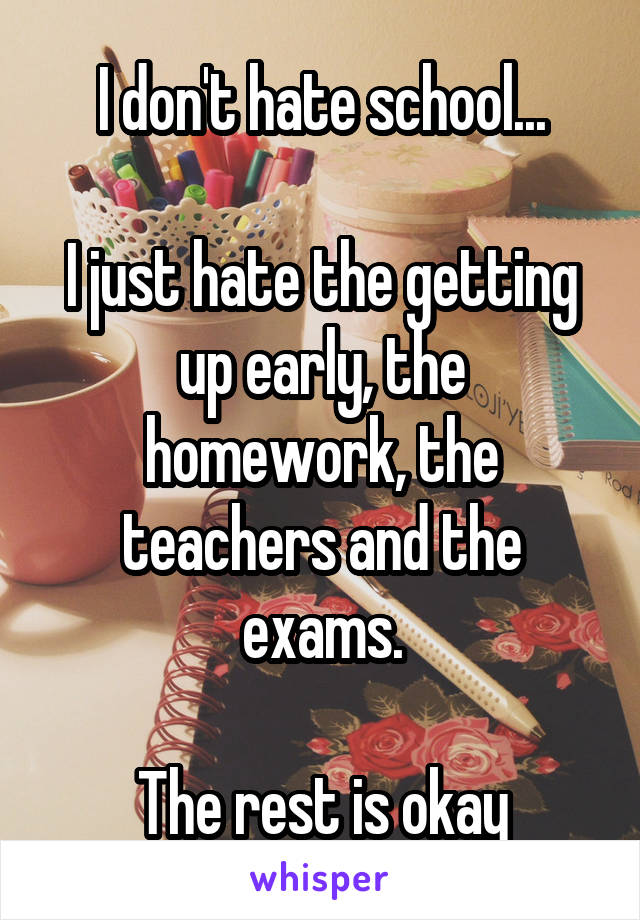 I don't hate school...

I just hate the getting up early, the homework, the teachers and the exams.

The rest is okay