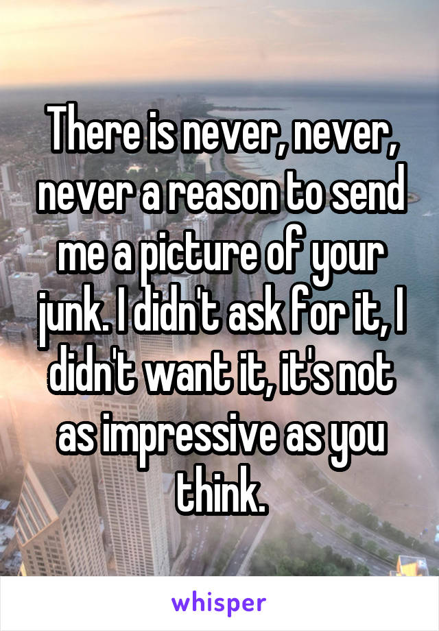 There is never, never, never a reason to send me a picture of your junk. I didn't ask for it, I didn't want it, it's not as impressive as you think.