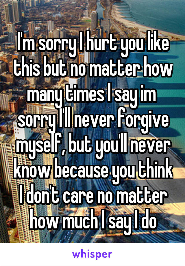 I'm sorry I hurt you like this but no matter how many times I say im  sorry I'll never forgive myself, but you'll never know because you think I don't care no matter how much I say I do