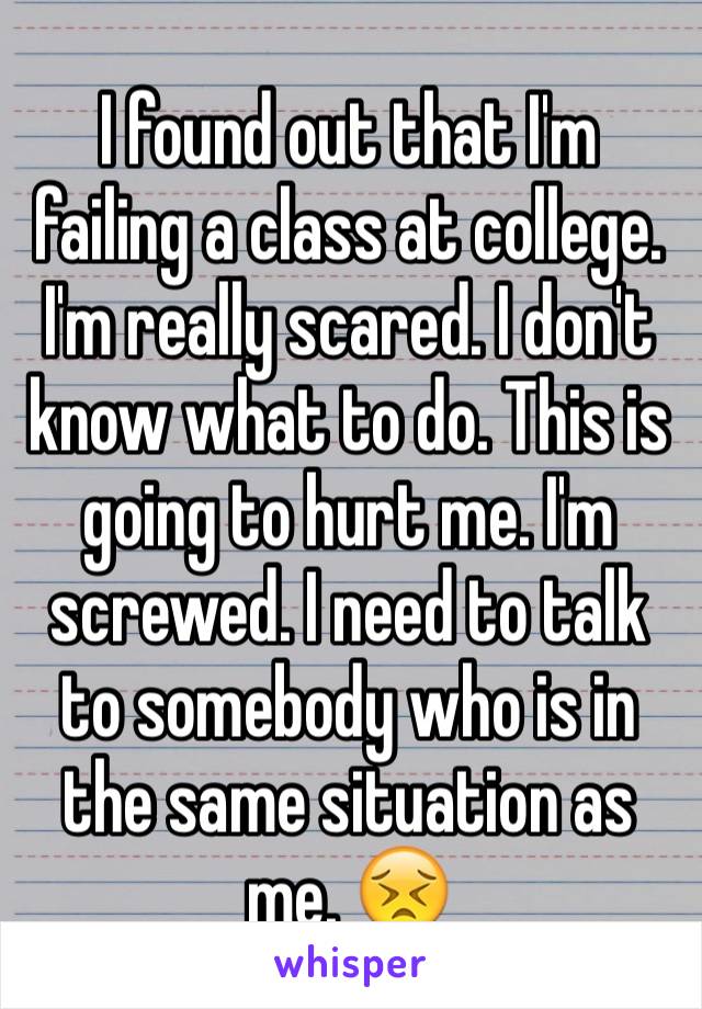 I found out that I'm failing a class at college. I'm really scared. I don't know what to do. This is going to hurt me. I'm screwed. I need to talk to somebody who is in the same situation as me. 😣