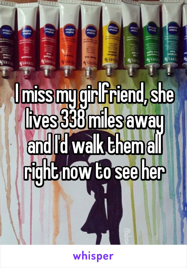 I miss my girlfriend, she lives 338 miles away and I'd walk them all right now to see her