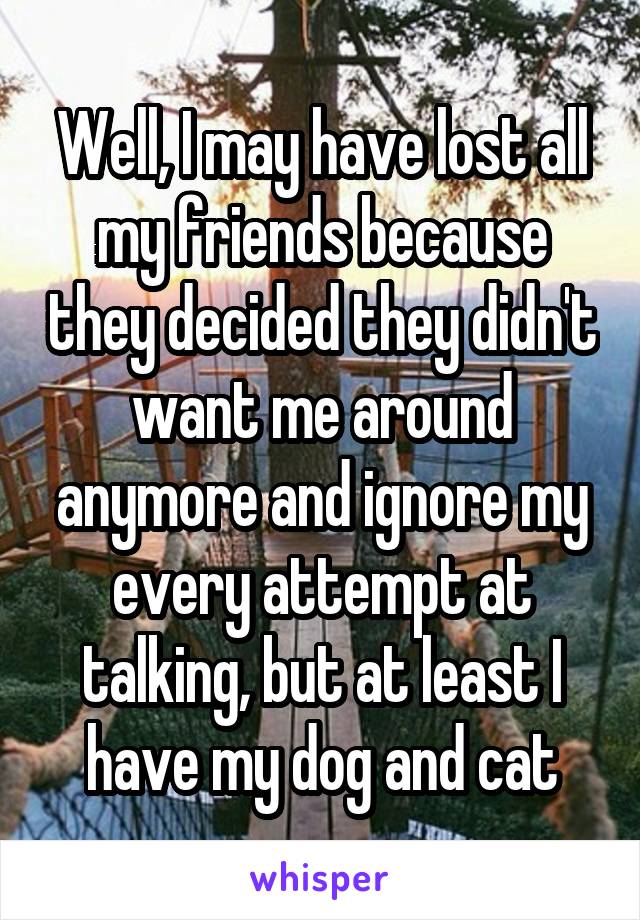 Well, I may have lost all my friends because they decided they didn't want me around anymore and ignore my every attempt at talking, but at least I have my dog and cat