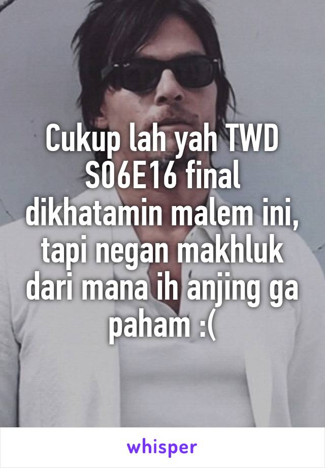 Cukup lah yah TWD S06E16 final dikhatamin malem ini, tapi negan makhluk dari mana ih anjing ga paham :(