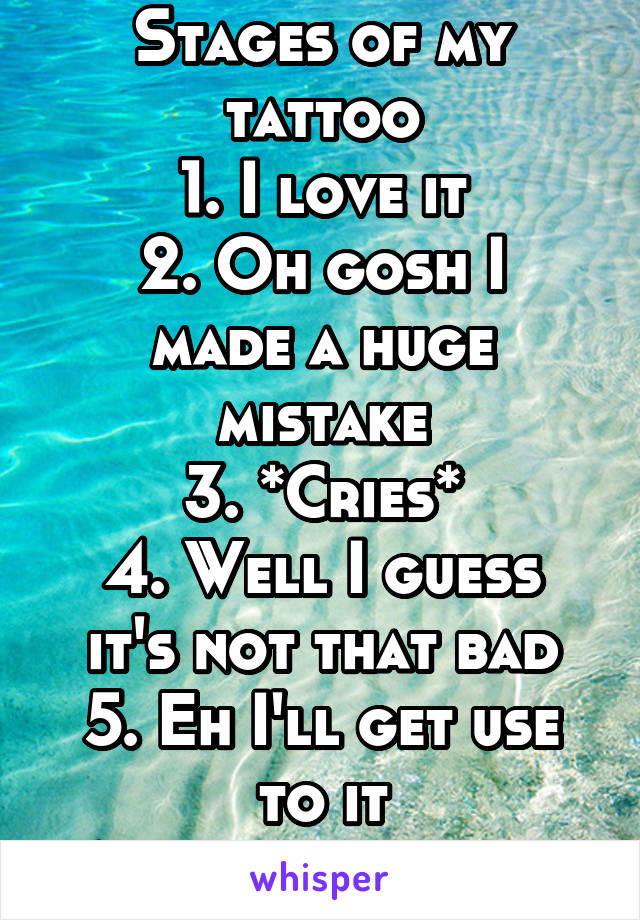 Stages of my tattoo
1. I love it
2. Oh gosh I made a huge mistake
3. *Cries*
4. Well I guess it's not that bad
5. Eh I'll get use to it
6. Omg I love it! 