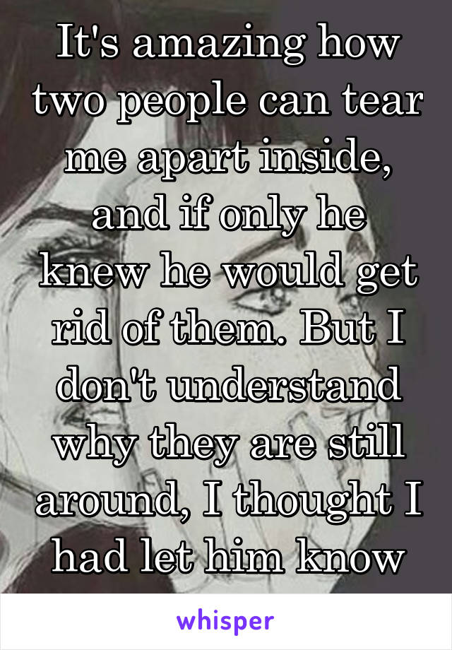 It's amazing how two people can tear me apart inside, and if only he knew he would get rid of them. But I don't understand why they are still around, I thought I had let him know how I feel about it.