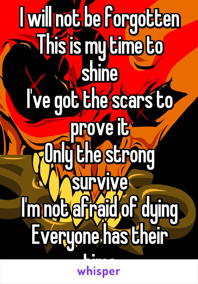 I will not be forgotten
This is my time to shine
I've got the scars to prove it
Only the strong survive
I'm not afraid of dying
Everyone has their time