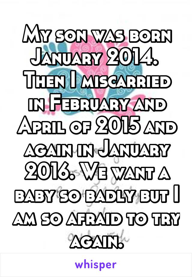 My son was born January 2014. 
Then I miscarried in February and April of 2015 and again in January 2016. We want a baby so badly but I am so afraid to try again.