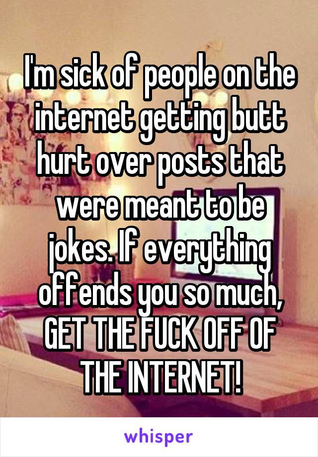 I'm sick of people on the internet getting butt hurt over posts that were meant to be jokes. If everything offends you so much, GET THE FUCK OFF OF THE INTERNET!