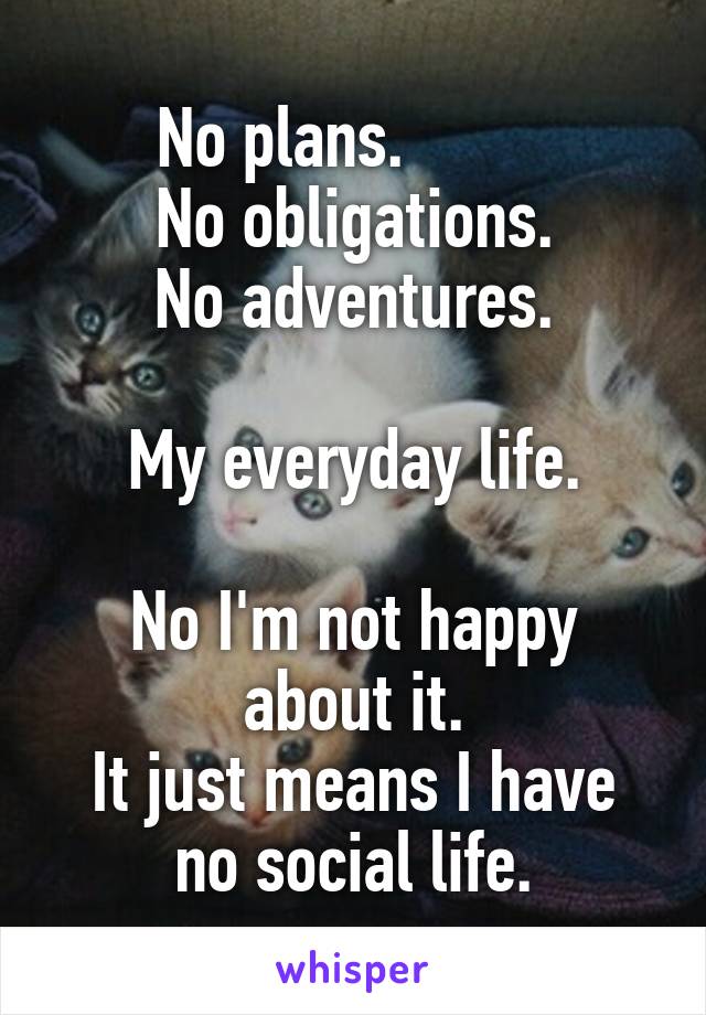 No plans.         
No obligations.
 No adventures. 

My everyday life.

No I'm not happy about it.
It just means I have no social life.