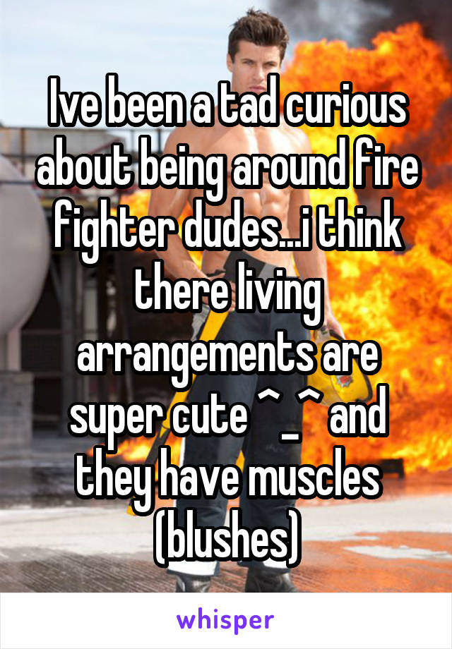 Ive been a tad curious about being around fire fighter dudes...i think there living arrangements are super cute ^_^ and they have muscles (blushes)