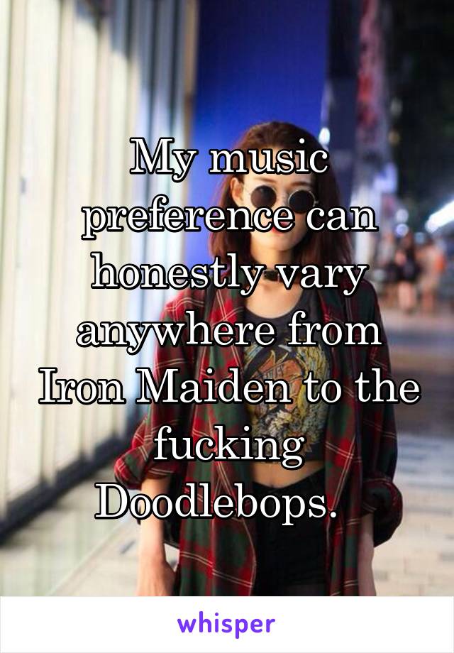 My music preference can honestly vary anywhere from Iron Maiden to the fucking Doodlebops.  