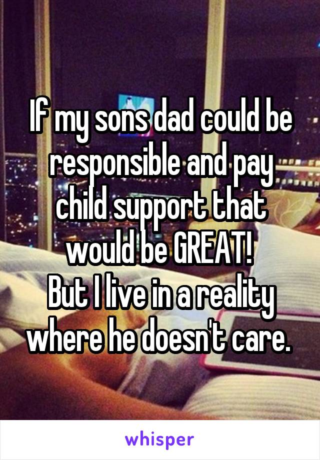 If my sons dad could be responsible and pay child support that would be GREAT! 
But I live in a reality where he doesn't care. 