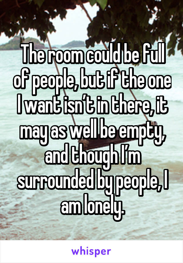 The room could be full of people, but if the one I want isn’t in there, it may as well be empty, and though I’m surrounded by people, I am lonely.