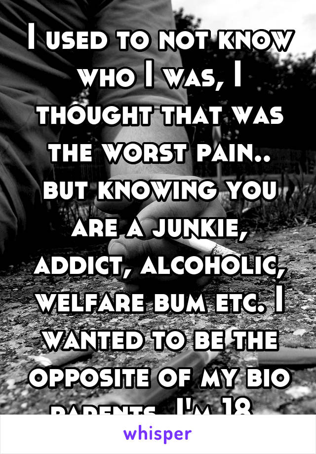 I used to not know who I was, I thought that was the worst pain.. but knowing you are a junkie, addict, alcoholic, welfare bum etc. I wanted to be the opposite of my bio parents, I'm 18..