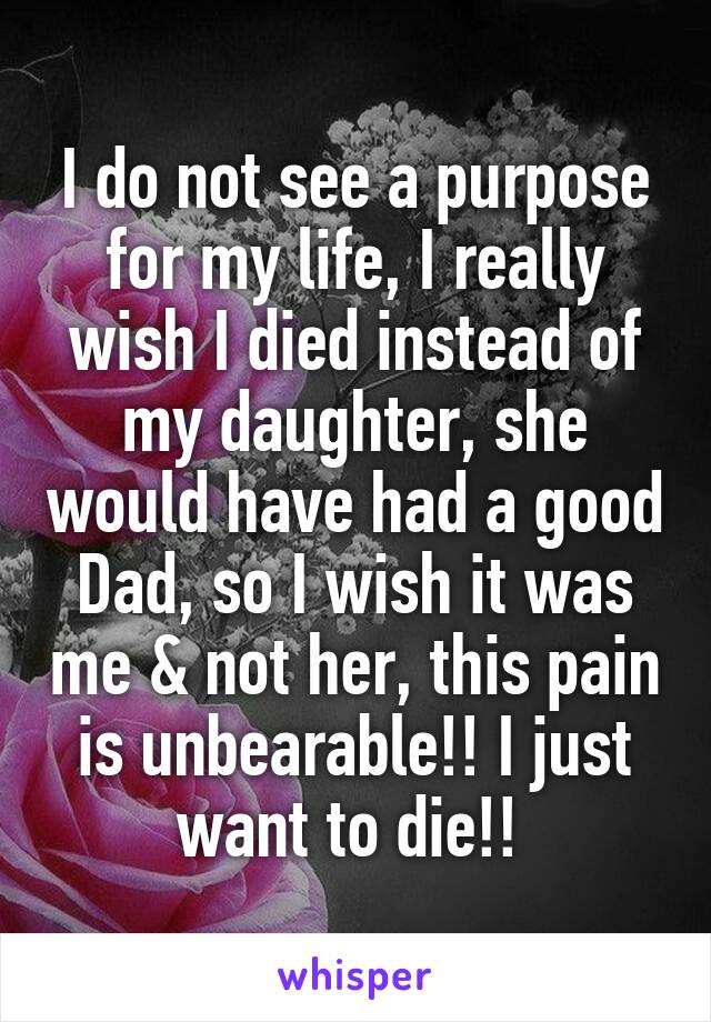 I do not see a purpose for my life, I really wish I died instead of my daughter, she would have had a good Dad, so I wish it was me & not her, this pain is unbearable!! I just want to die!! 