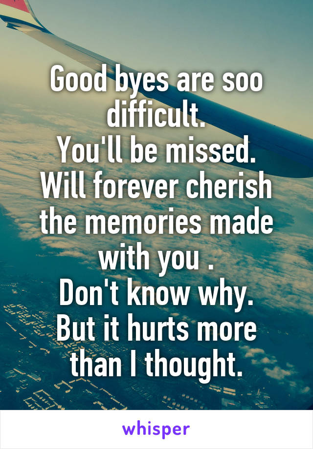 Good byes are soo difficult.
You'll be missed.
Will forever cherish the memories made with you .
Don't know why.
But it hurts more than I thought.