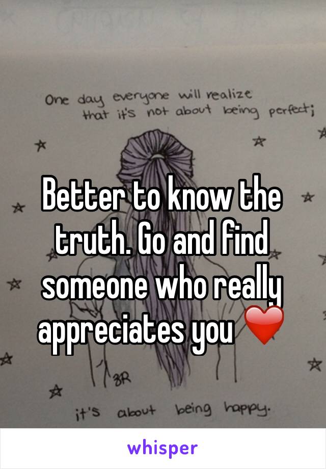 Better to know the truth. Go and find someone who really appreciates you ❤️