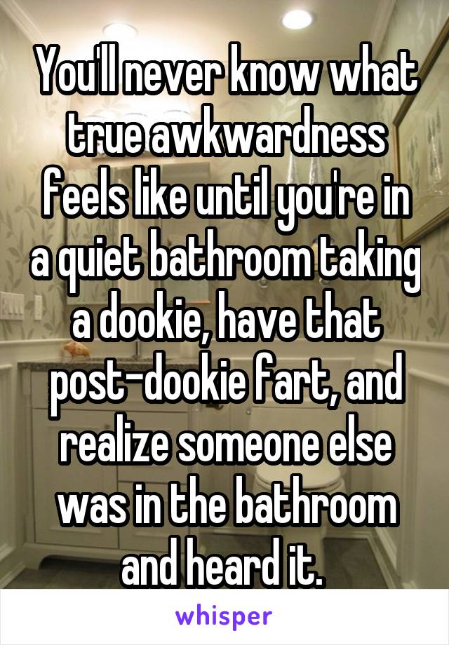 You'll never know what true awkwardness feels like until you're in a quiet bathroom taking a dookie, have that post-dookie fart, and realize someone else was in the bathroom and heard it. 