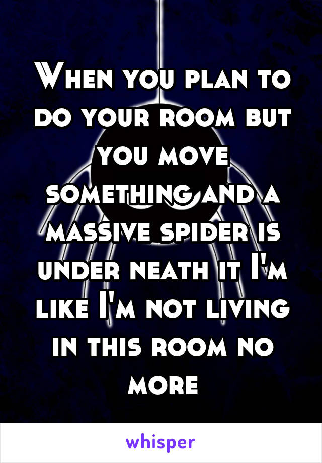 When you plan to do your room but you move something and a massive spider is under neath it I'm like I'm not living in this room no more