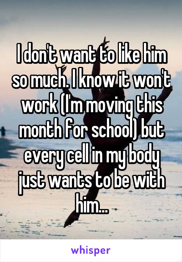 I don't want to like him so much. I know it won't work (I'm moving this month for school) but every cell in my body just wants to be with him...