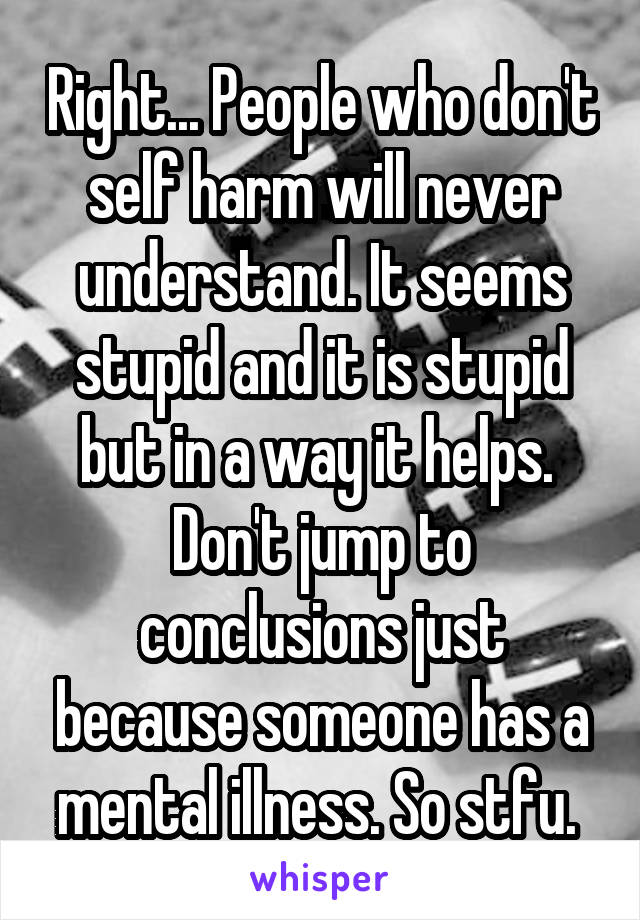 Right... People who don't self harm will never understand. It seems stupid and it is stupid but in a way it helps. 
Don't jump to conclusions just because someone has a mental illness. So stfu. 