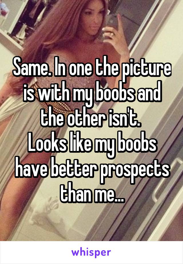 Same. In one the picture is with my boobs and the other isn't. 
Looks like my boobs have better prospects than me...