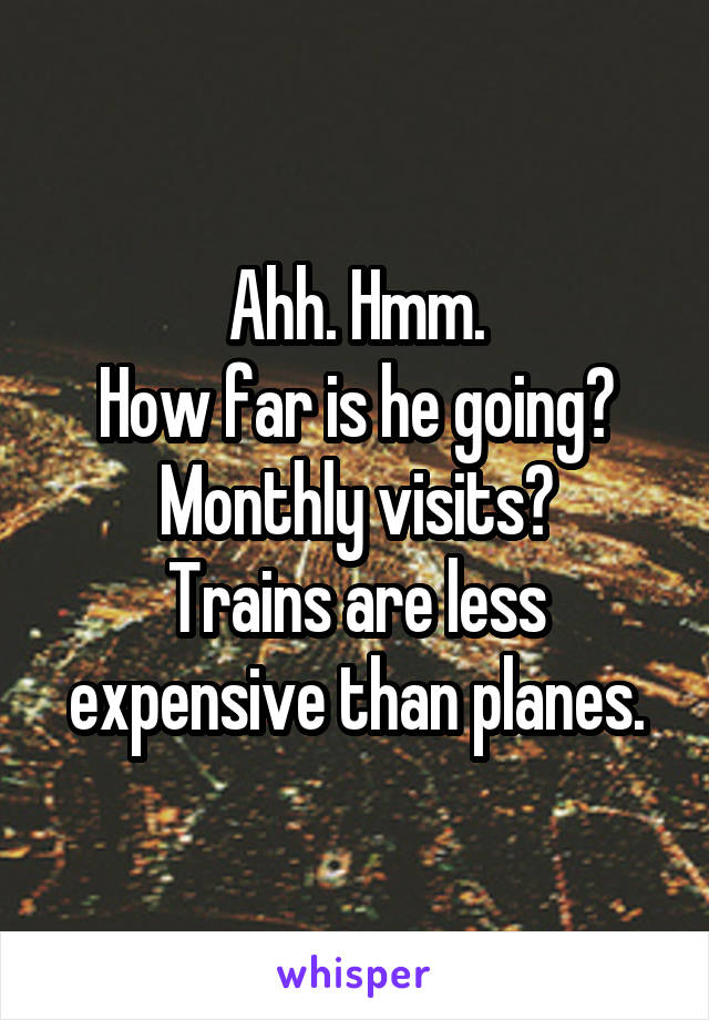 Ahh. Hmm.
How far is he going?
Monthly visits?
Trains are less expensive than planes.