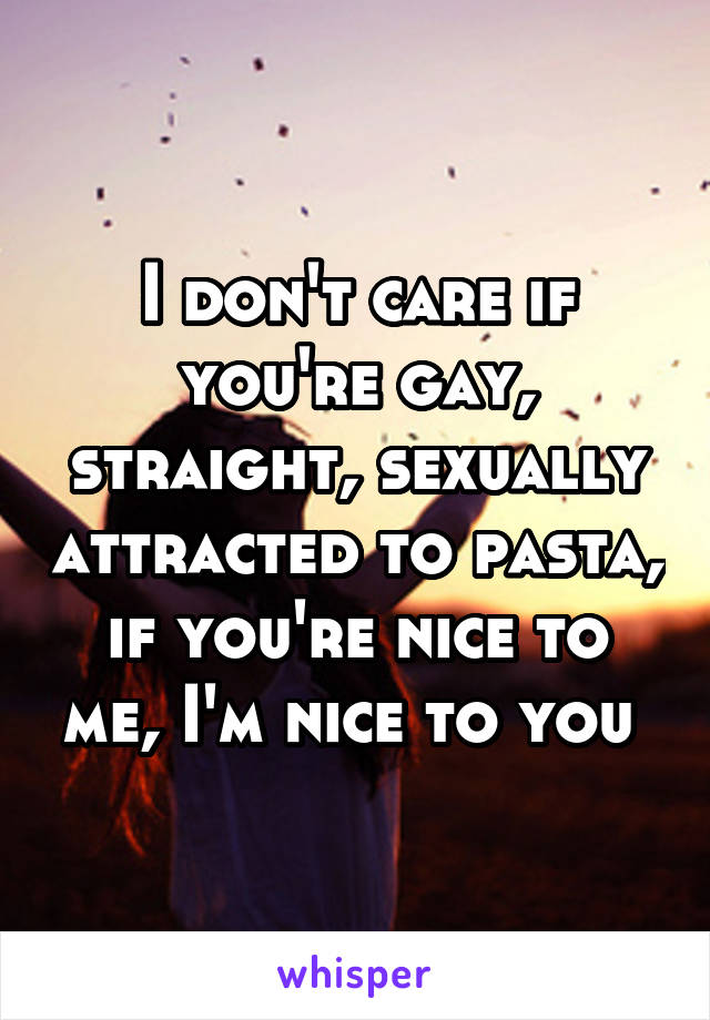 I don't care if you're gay, straight, sexually attracted to pasta, if you're nice to me, I'm nice to you 