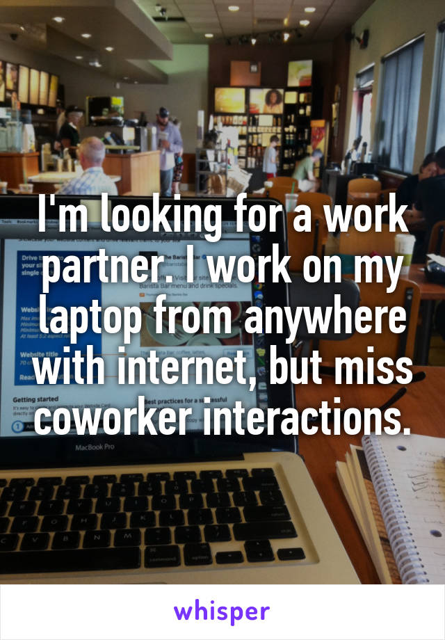 I'm looking for a work partner. I work on my laptop from anywhere with internet, but miss coworker interactions.