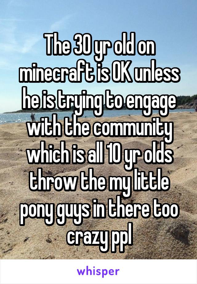 The 30 yr old on minecraft is OK unless he is trying to engage with the community which is all 10 yr olds throw the my little pony guys in there too crazy ppl