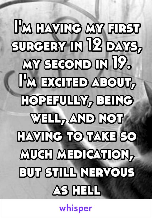 I'm having my first surgery in 12 days, my second in 19.
I'm excited about, hopefully, being well, and not having to take so much medication, but still nervous as hell