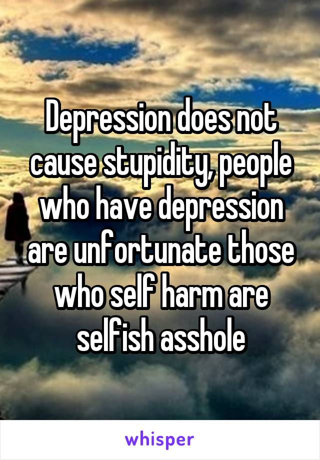 Depression does not cause stupidity, people who have depression are unfortunate those who self harm are selfish asshole