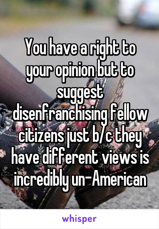 You have a right to your opinion but to suggest disenfranchising fellow citizens just b/c they have different views is incredibly un-American