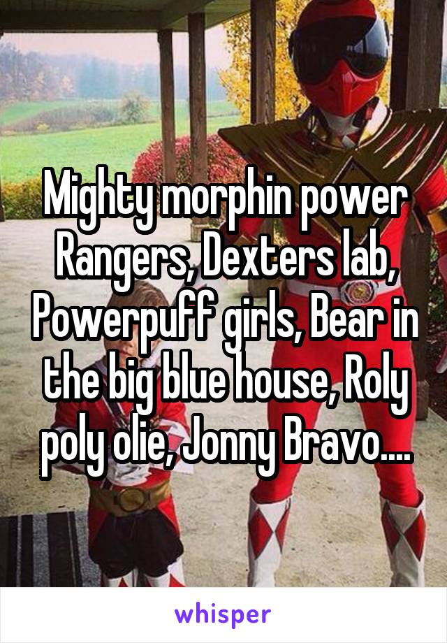 Mighty morphin power Rangers, Dexters lab, Powerpuff girls, Bear in the big blue house, Roly poly olie, Jonny Bravo....