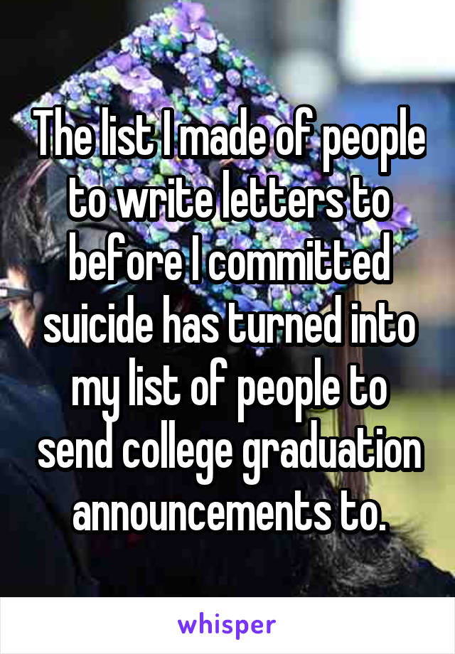 The list I made of people to write letters to before I committed suicide has turned into my list of people to send college graduation announcements to.