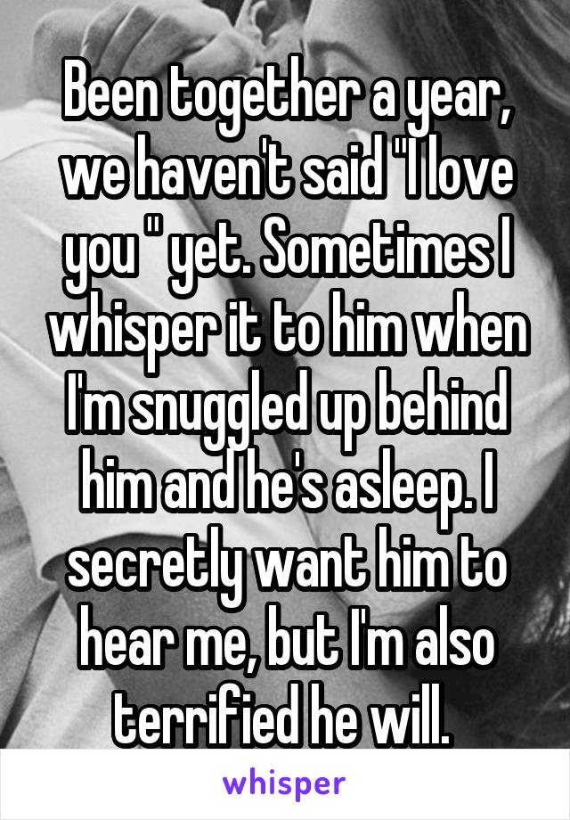 Been together a year, we haven't said "I love you " yet. Sometimes I whisper it to him when I'm snuggled up behind him and he's asleep. I secretly want him to hear me, but I'm also terrified he will. 