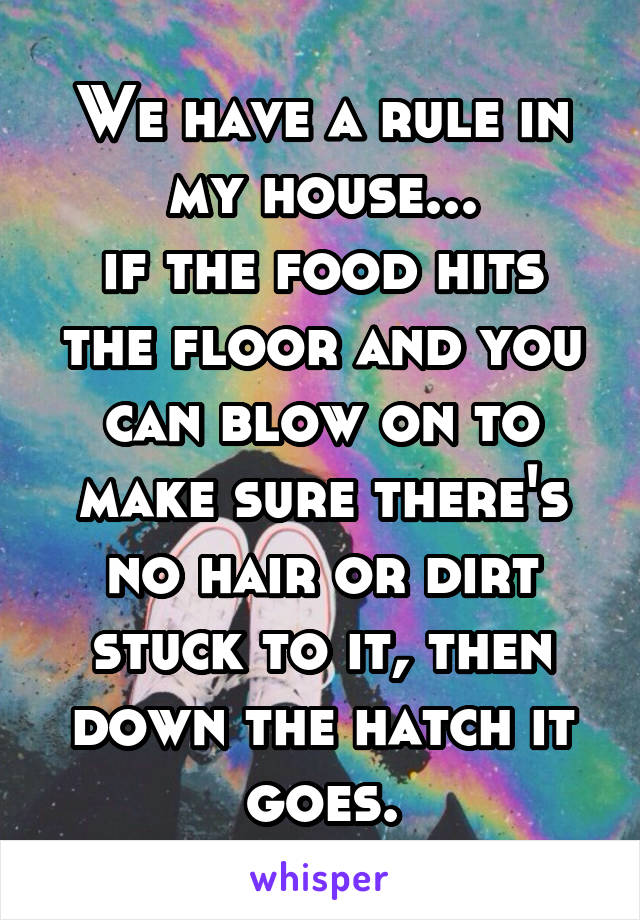 We have a rule in my house...
if the food hits the floor and you can blow on to make sure there's no hair or dirt stuck to it, then down the hatch it goes.