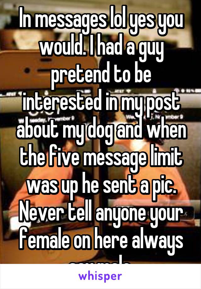 In messages lol yes you would. I had a guy pretend to be interested in my post about my dog and when the five message limit was up he sent a pic. Never tell anyone your female on here always say male.