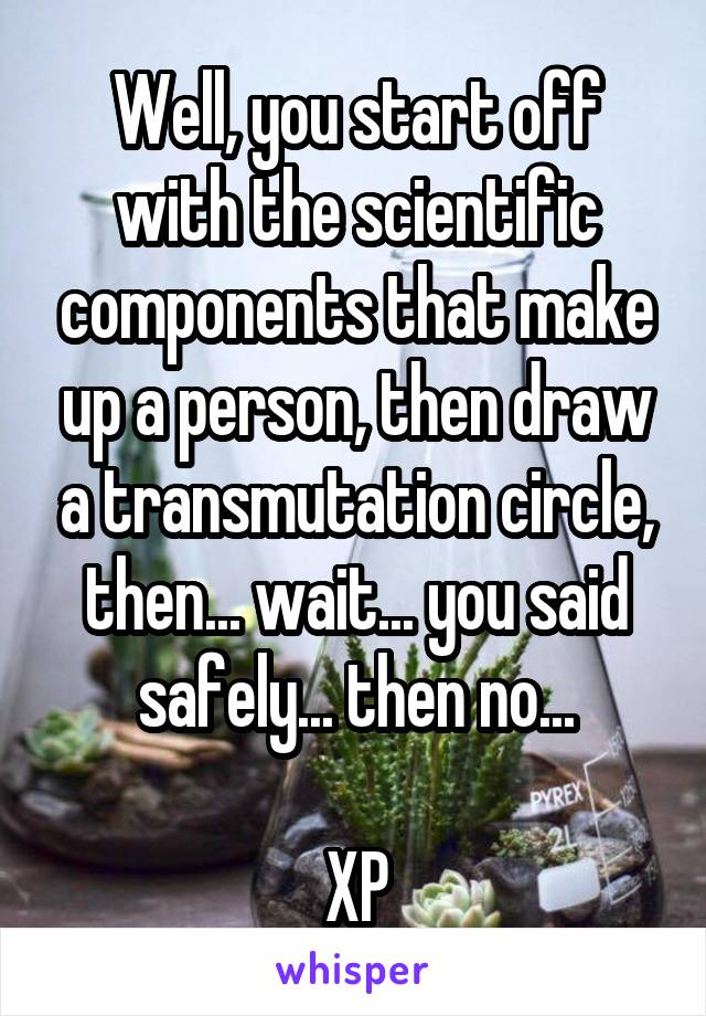 Well, you start off with the scientific components that make up a person, then draw a transmutation circle, then... wait... you said safely... then no...

XP
