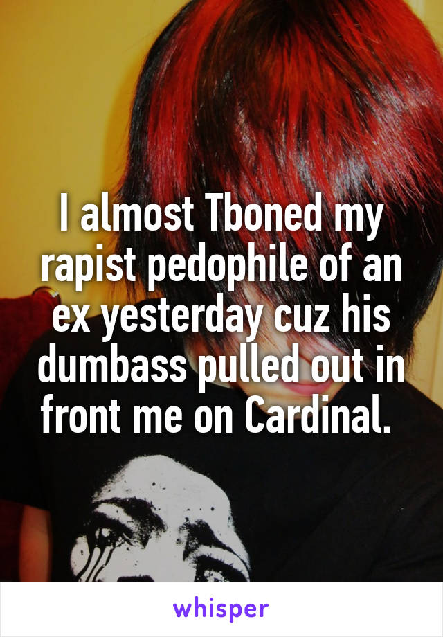 I almost Tboned my rapist pedophile of an ex yesterday cuz his dumbass pulled out in front me on Cardinal. 
