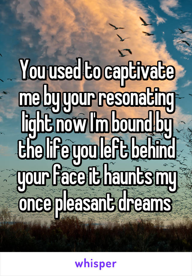 You used to captivate me by your resonating light now I'm bound by the life you left behind your face it haunts my once pleasant dreams 