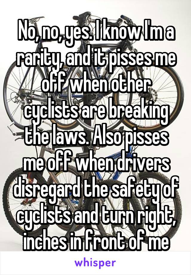 No, no, yes. I know I'm a rarity, and it pisses me off when other cyclists are breaking the laws. Also pisses me off when drivers disregard the safety of cyclists and turn right, inches in front of me