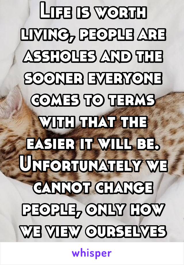 Life is worth living, people are assholes and the sooner everyone comes to terms with that the easier it will be. Unfortunately we cannot change people, only how we view ourselves and life.