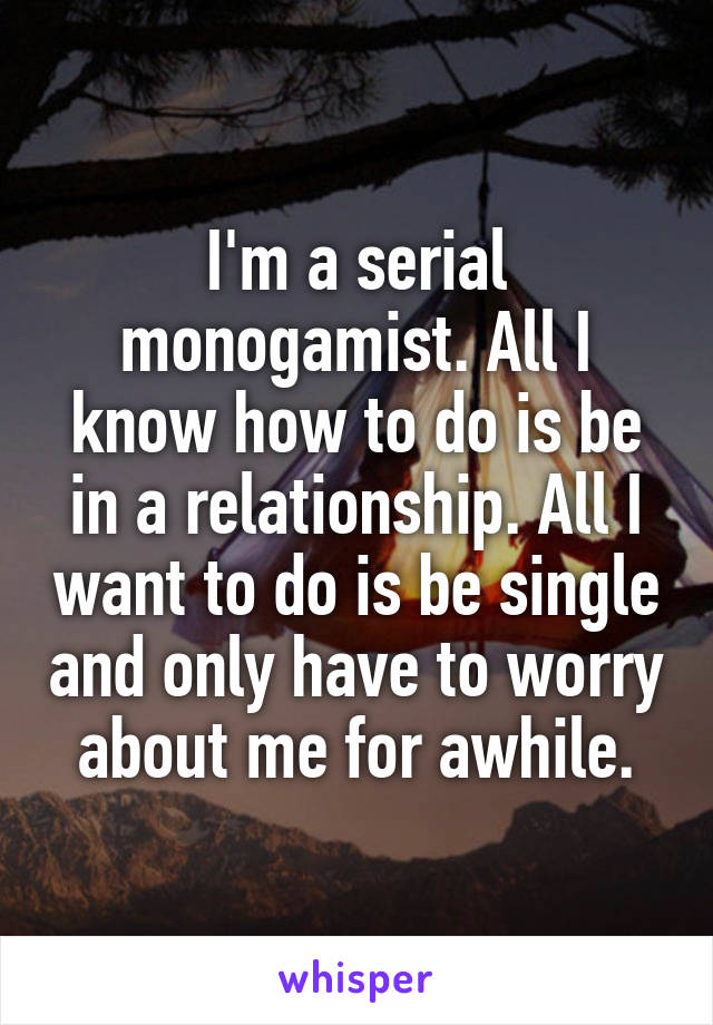 I'm a serial monogamist. All I know how to do is be in a relationship. All I want to do is be single and only have to worry about me for awhile.