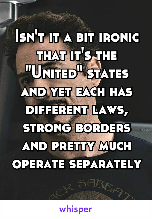 Isn't it a bit ironic that it's the "United" states and yet each has different laws, strong borders and pretty much operate separately 