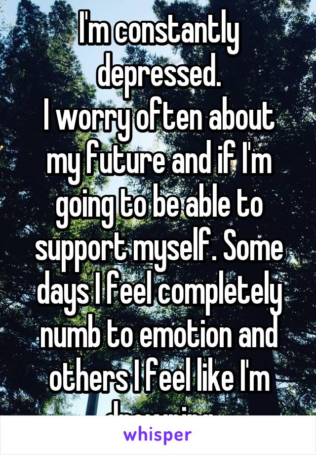 I'm constantly depressed.
I worry often about my future and if I'm going to be able to support myself. Some days I feel completely numb to emotion and others I feel like I'm drowning