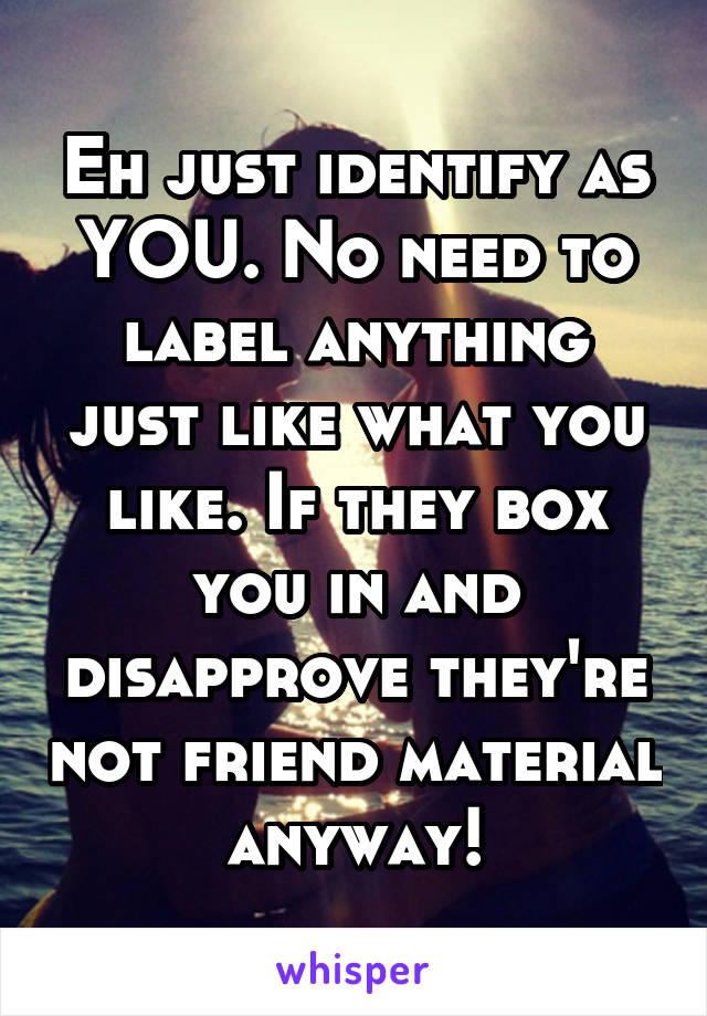 Eh just identify as YOU. No need to label anything just like what you like. If they box you in and disapprove they're not friend material anyway!