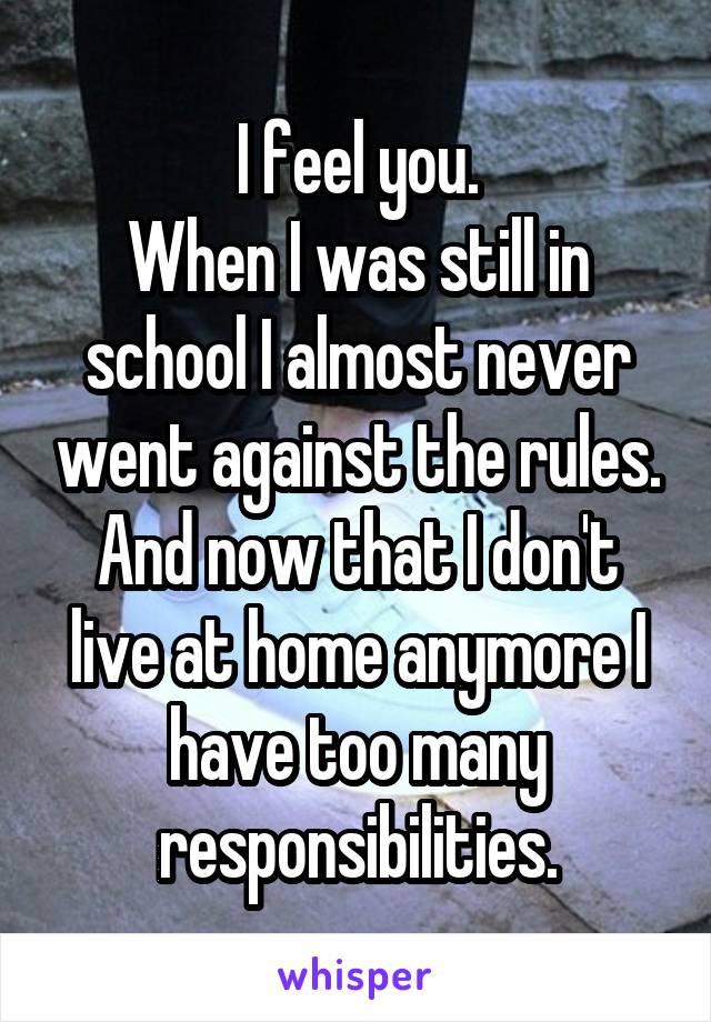 I feel you.
When I was still in school I almost never went against the rules. And now that I don't live at home anymore I have too many responsibilities.