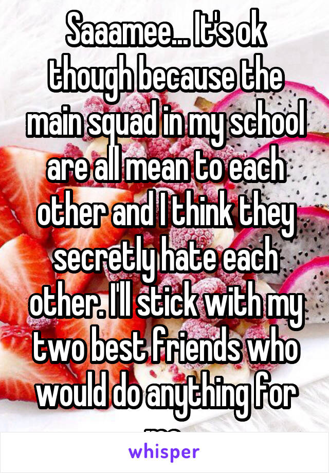 Saaamee... It's ok though because the main squad in my school are all mean to each other and I think they secretly hate each other. I'll stick with my two best friends who would do anything for me.